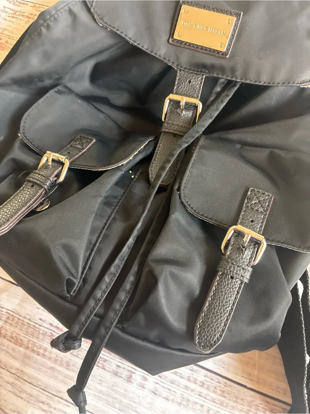 Dana Buchman Black Nylon Backpack with Front Buckle Pockets